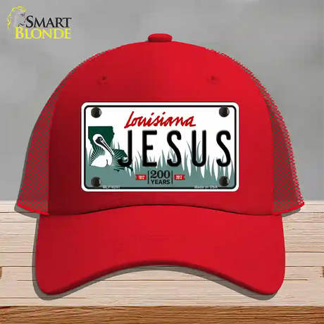 Jesus Louisiana Novelty License Plate Hat Mesh / Red