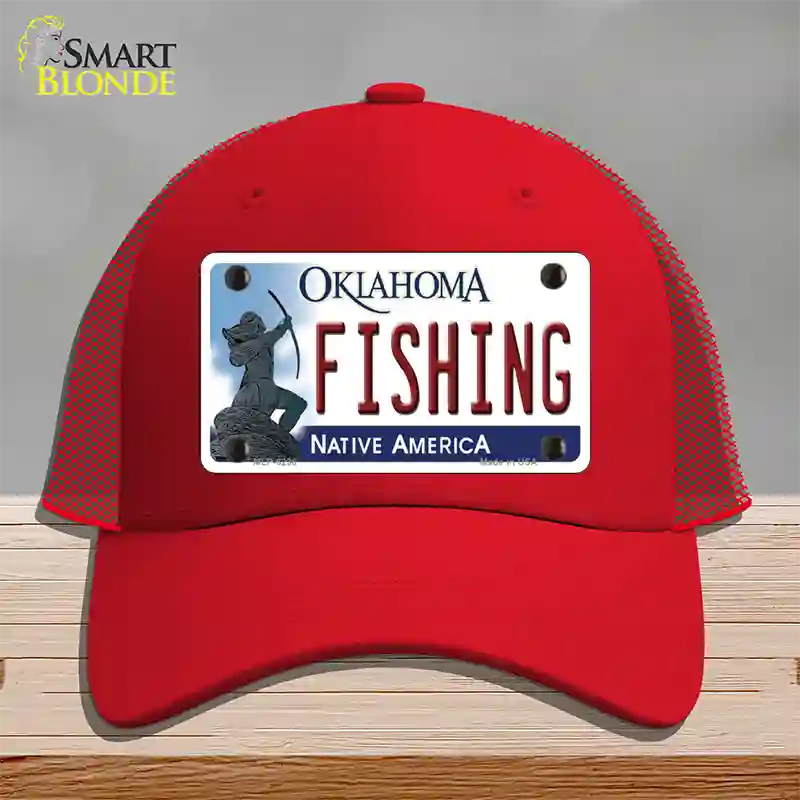 Fishing Oklahoma Novelty License Plate Hat Mesh / Red