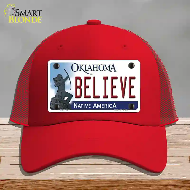 Believe Oklahoma Novelty License Plate Hat Mesh / Red