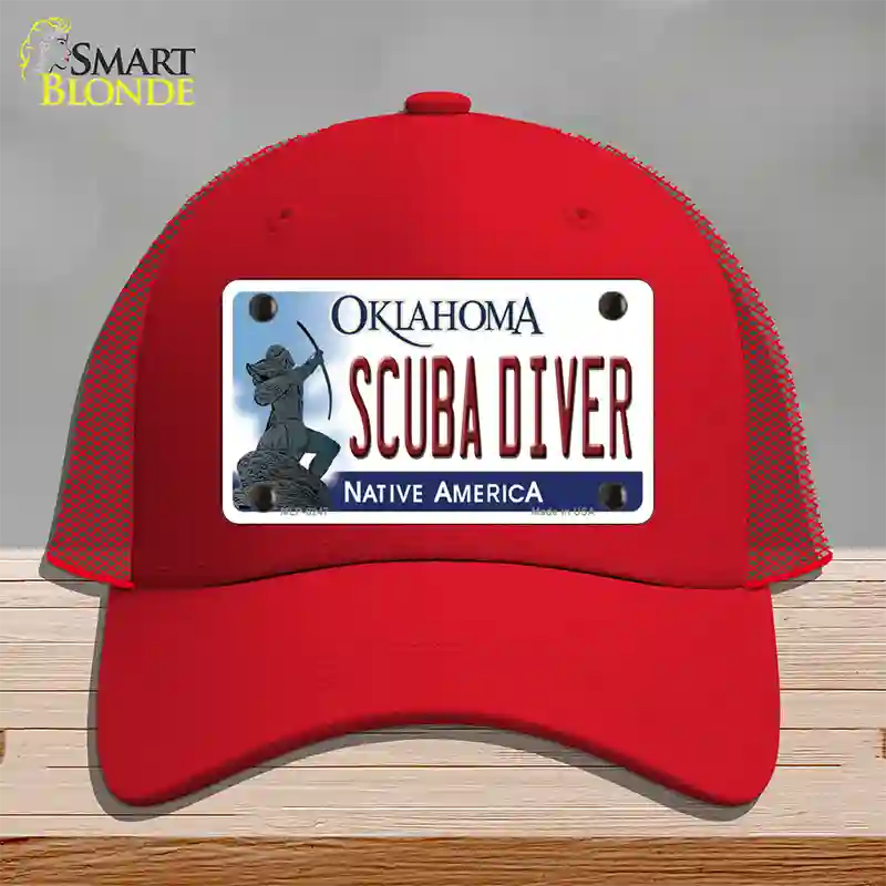 Scuba Diver Oklahoma Novelty License Plate Hat Mesh / Red