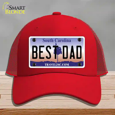 Best Dad South Carolina Novelty License Plate Hat Mesh / Red