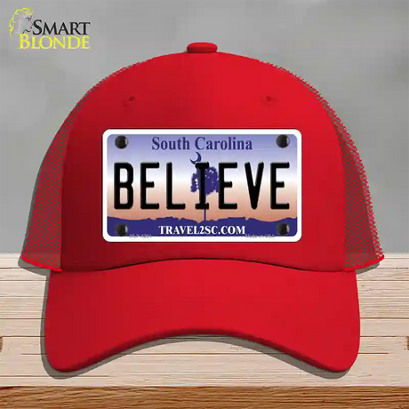 Believe South Carolina Novelty License Plate Hat Mesh / Red