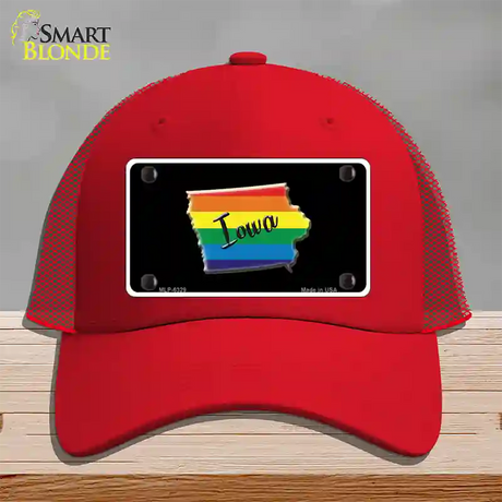 Iowa Rainbow Novelty License Plate Hat Mesh / Red