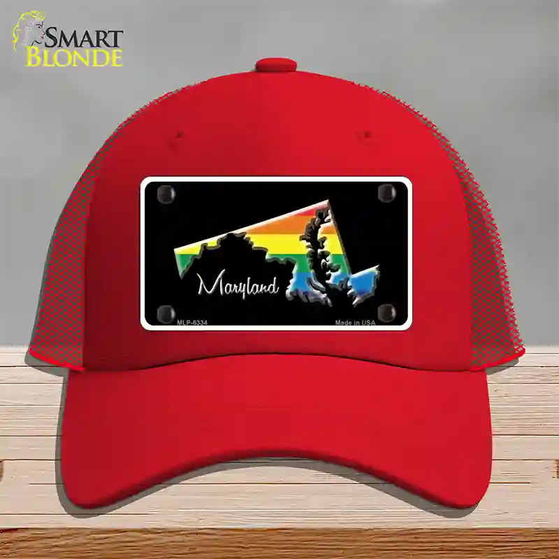 Maryland Rainbow Novelty License Plate Hat Mesh / Red