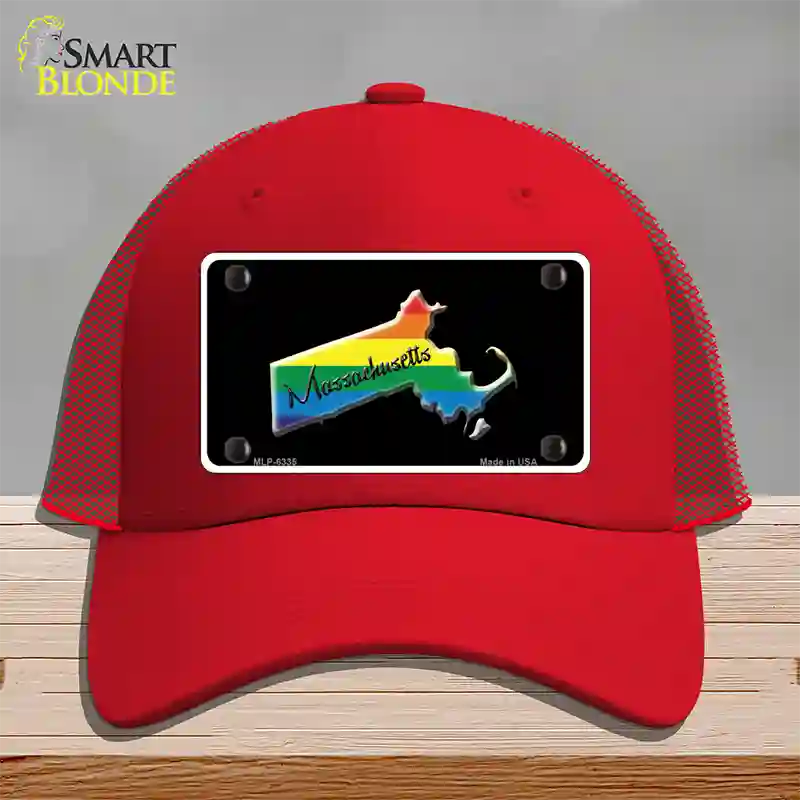 Massachusetts Rainbow Novelty License Plate Hat Mesh / Red