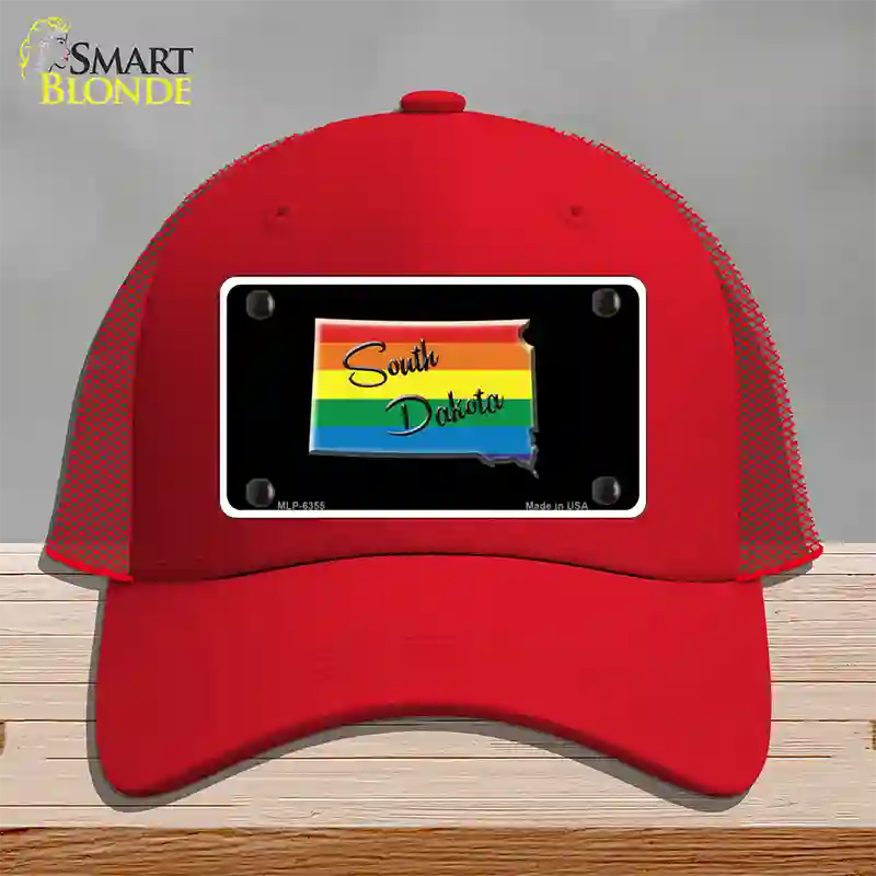 South Dakota Rainbow Novelty License Plate Hat Mesh / Red