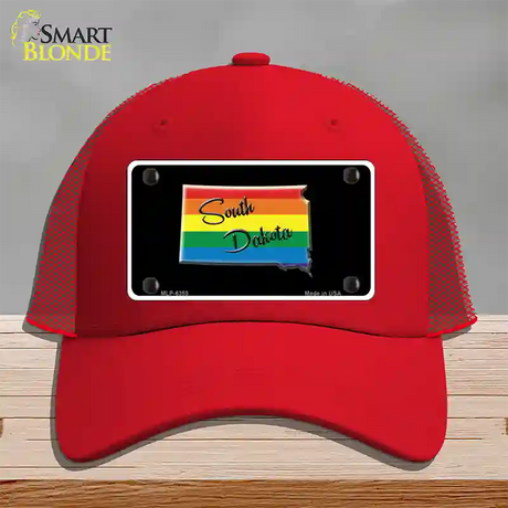 South Dakota Rainbow Novelty License Plate Hat Mesh / Red