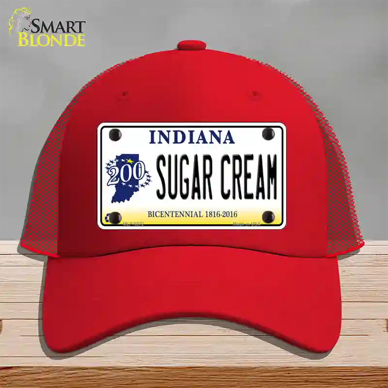 Sugar Cream Indiana Novelty License Plate Hat Mesh / Red