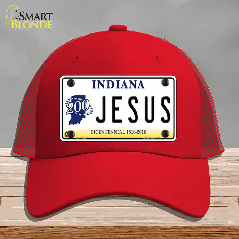 Jesus Indiana Novelty License Plate Hat Mesh / Red