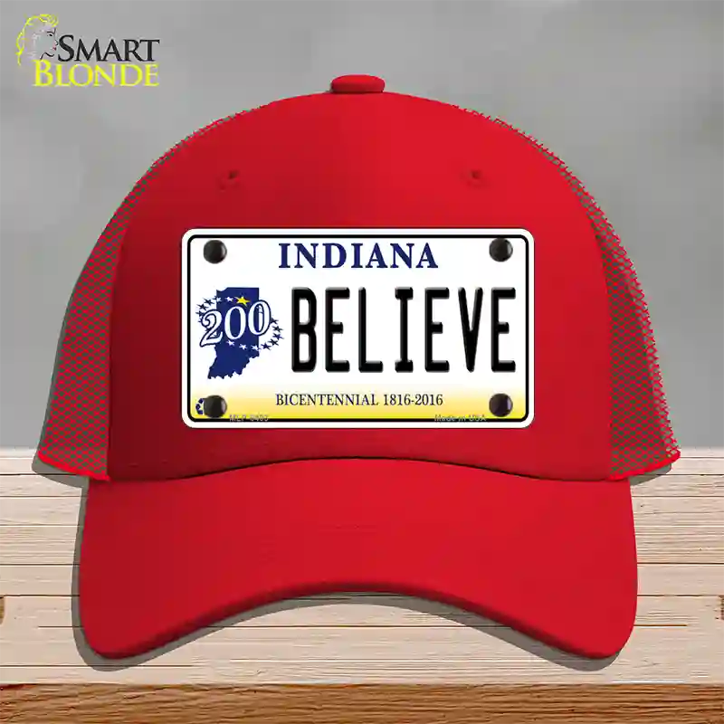 Believe Indiana Novelty License Plate Hat Mesh / Red