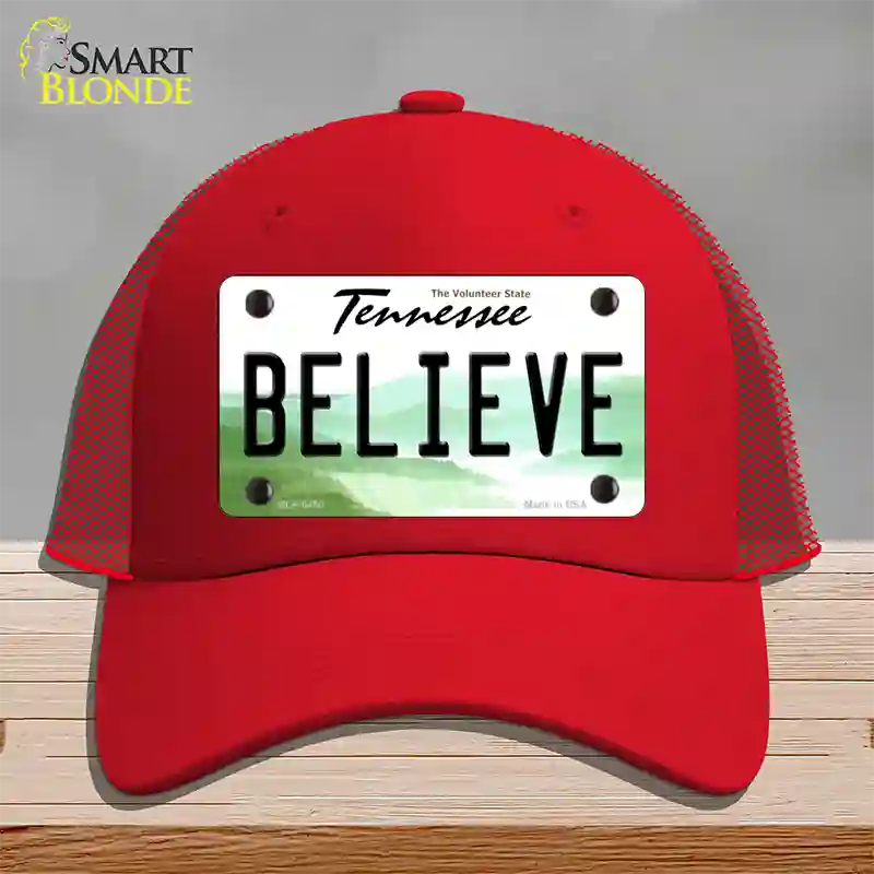 Believe Tennessee Novelty License Plate Hat Mesh / Red