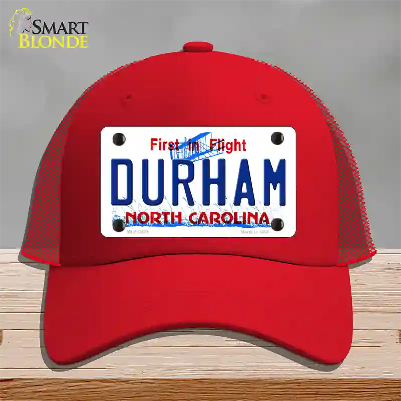 Durham North Carolina Novelty License Plate Hat Mesh / Red