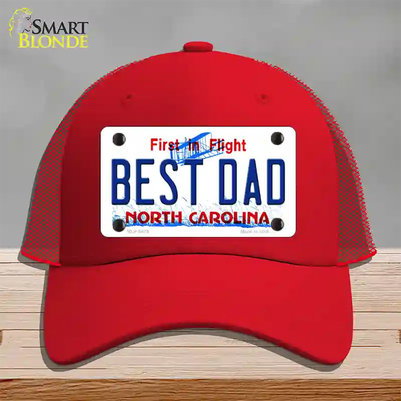 Best Dad North Carolina Novelty License Plate Hat Mesh / Red