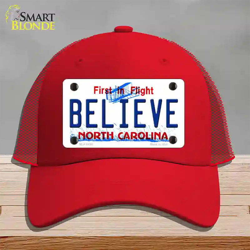 Believe North Carolina Novelty License Plate Hat Mesh / Red