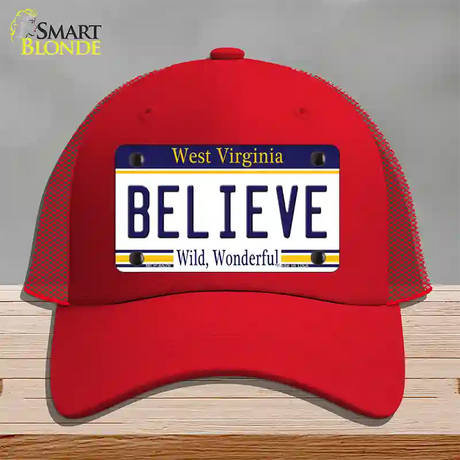 Believe West Virginia Novelty License Plate Hat Mesh / Red