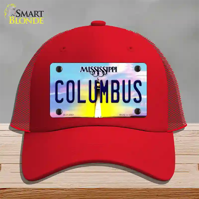 Columbus Mississippi Novelty License Plate Hat Mesh / Red