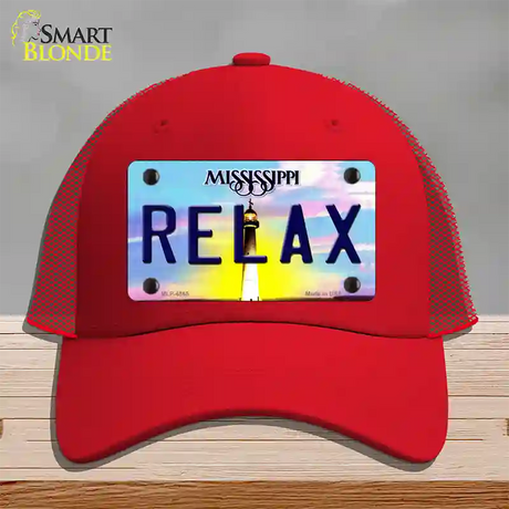 Relax Mississippi Novelty License Plate Hat Mesh / Red