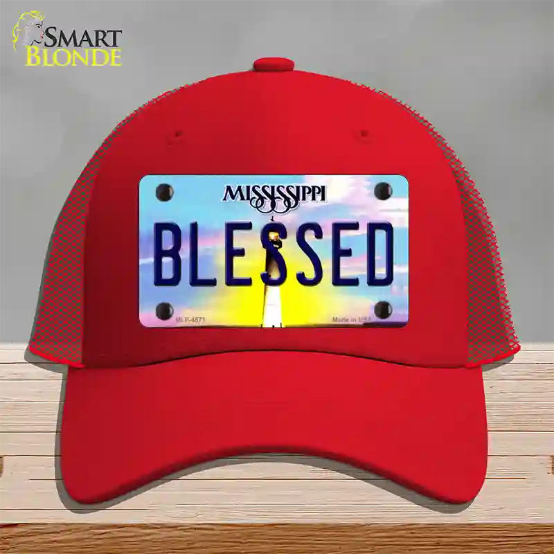 Blessed Mississippi Novelty License Plate Hat Mesh / Red