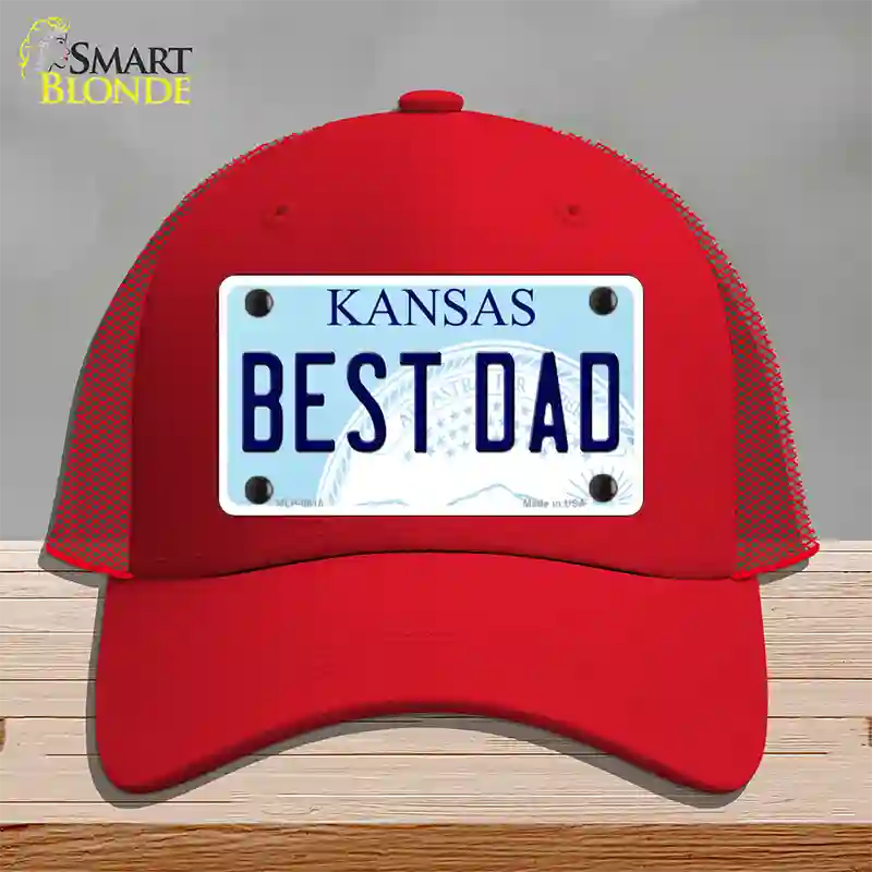 Best Dad Kansas Novelty License Plate Hat Mesh / Red