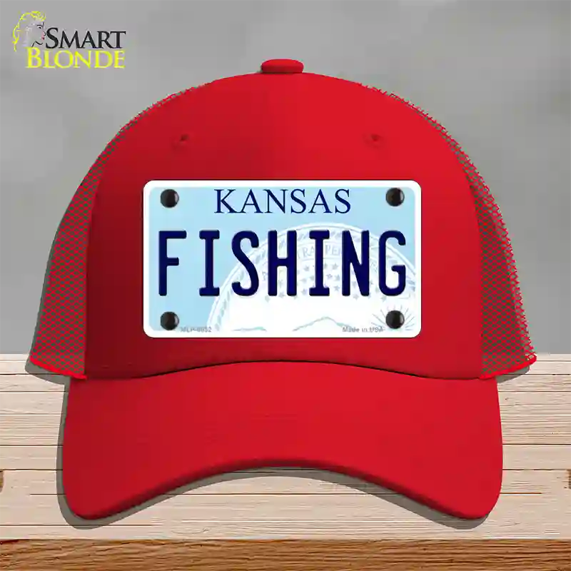 Fishing Kansas Novelty License Plate Hat Mesh / Red