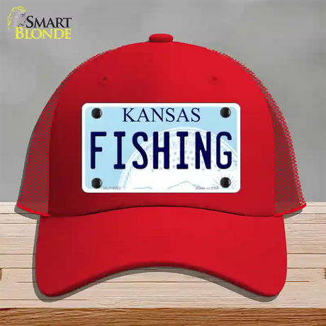 Fishing Kansas Novelty License Plate Hat Mesh / Red