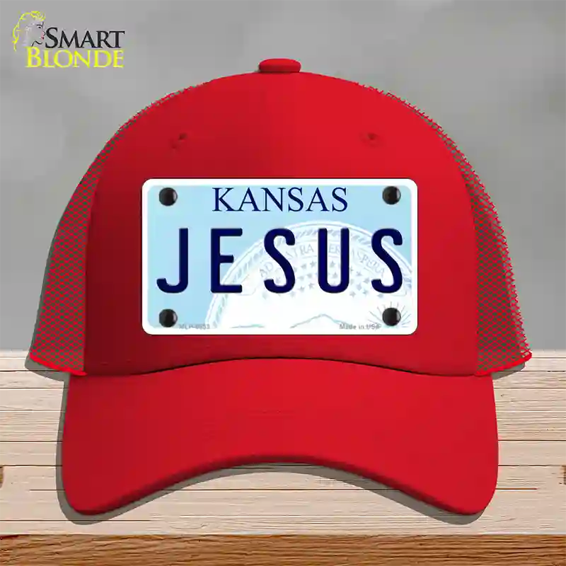 Jesus Kansas Novelty License Plate Hat Mesh / Red