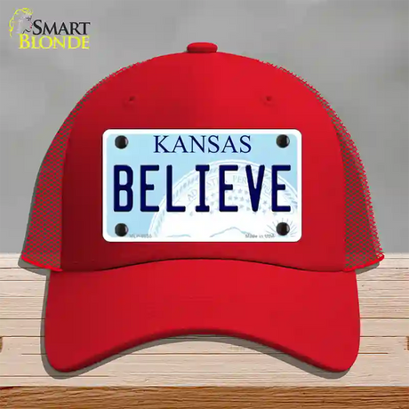 Believe Kansas Novelty License Plate Hat Mesh / Red