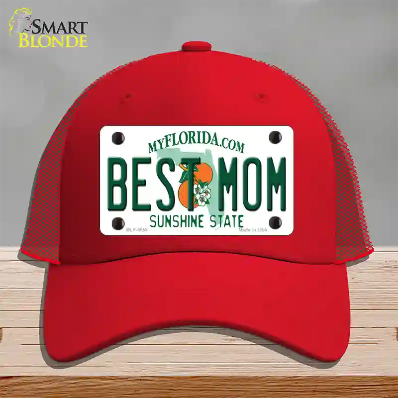 Best Mom Florida Novelty License Plate Hat Mesh / Red