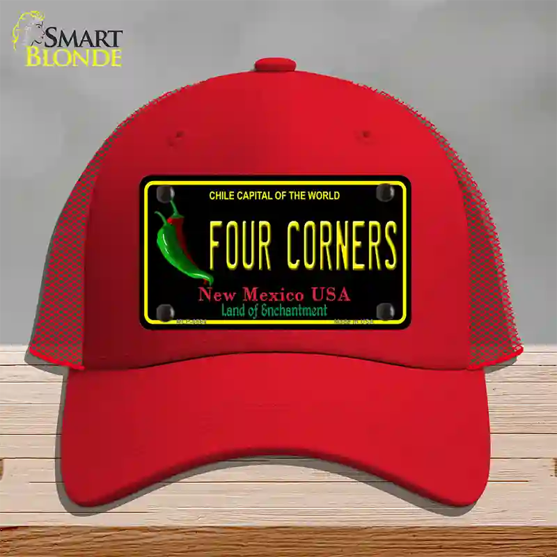 Four Corners Black New Mexico Novelty License Plate Hat Mesh / Red