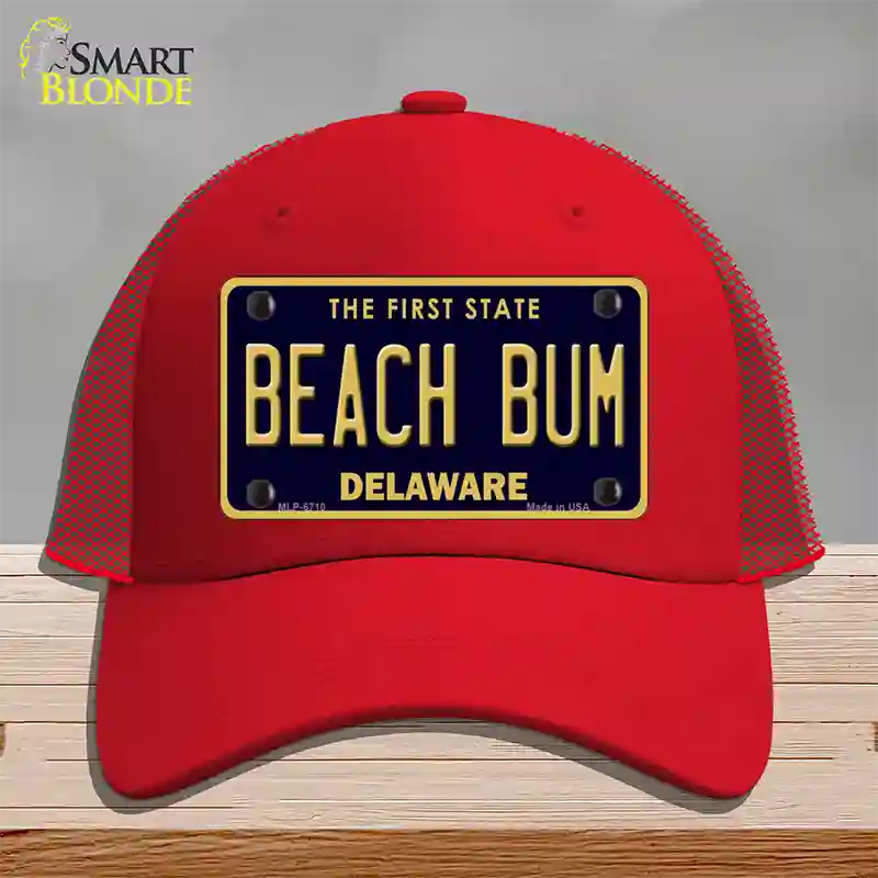 Beach Bum Delaware Novelty License Plate Hat Mesh / Red