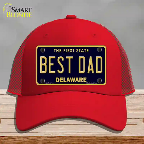 Best Dad Delaware Novelty License Plate Hat Mesh / Red