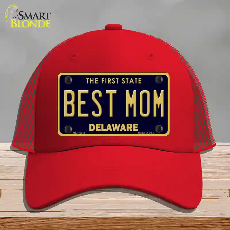 Best Mom Delaware Novelty License Plate Hat Mesh / Red