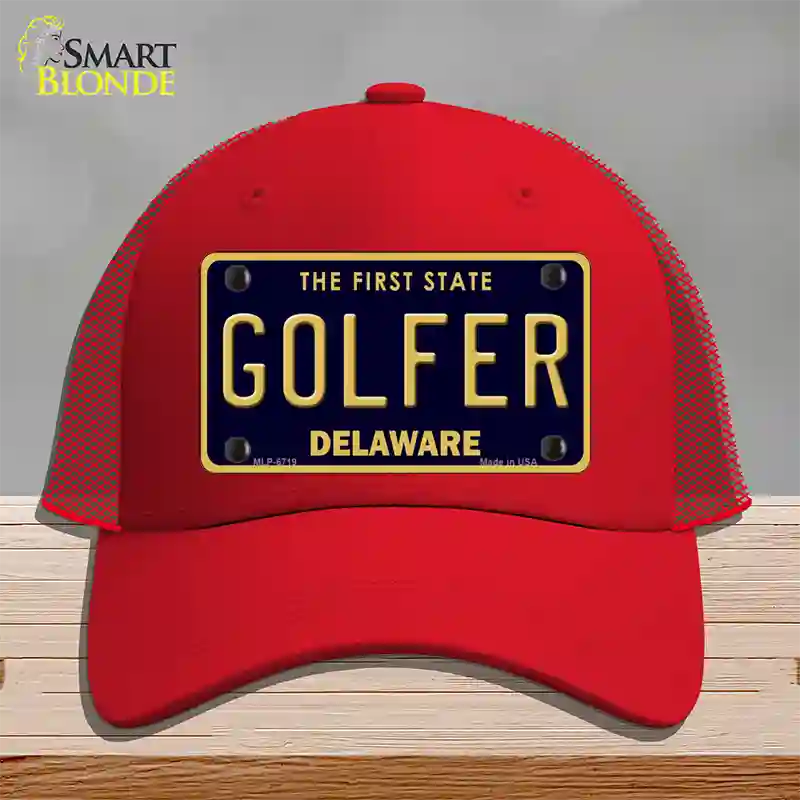 Golfer Delaware Novelty License Plate Hat Mesh / Red