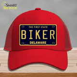 Biker Delaware Novelty License Plate Hat Mesh / Red