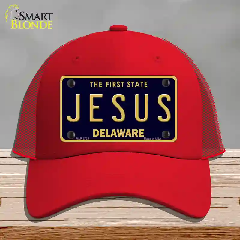 Jesus Delaware Novelty License Plate Hat Mesh / Red