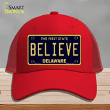 Believe Delaware Novelty License Plate Hat Mesh / Red