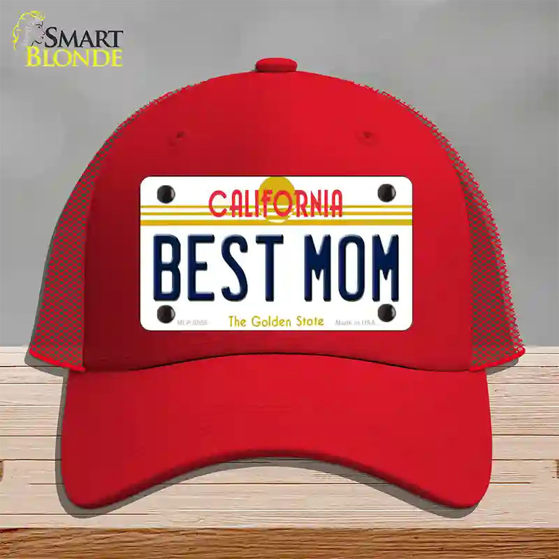 Best Mom California Novelty License Plate Hat Mesh / Red