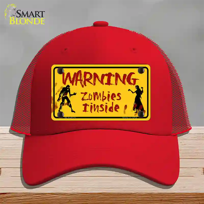 Warning Zombies Inside Novelty License Plate Hat Mesh / Red