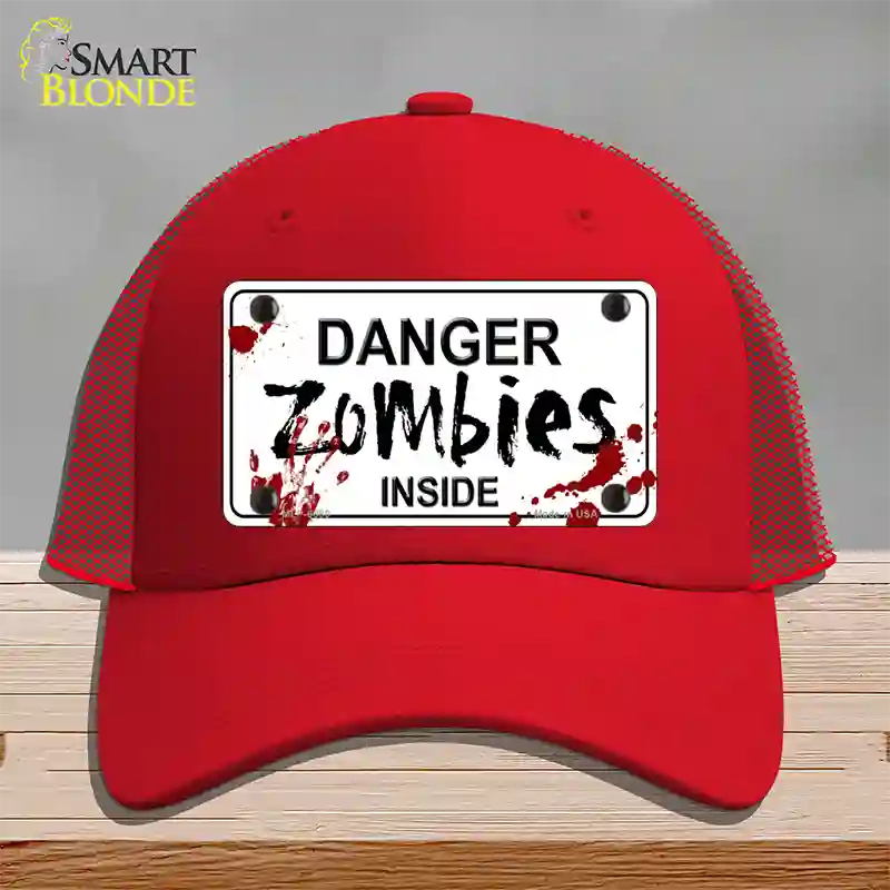 Danger Zombies Inside Novelty License Plate Hat Mesh / Red