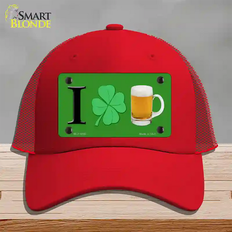 Shamrock Beer Novelty License Plate Hat Mesh / Red