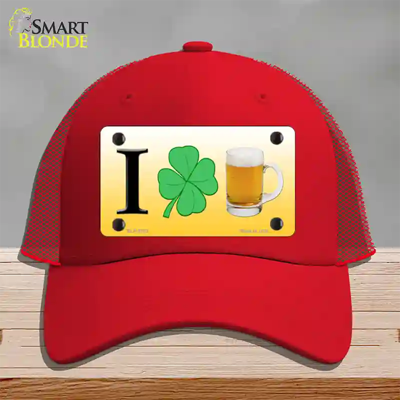 I Shamrock Beer Novelty License Plate Hat Mesh / Red