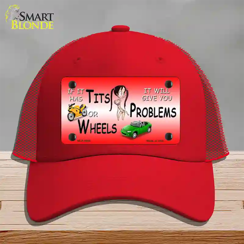 Tits Or Wheels Red Novelty License Plate Hat Mesh / Red