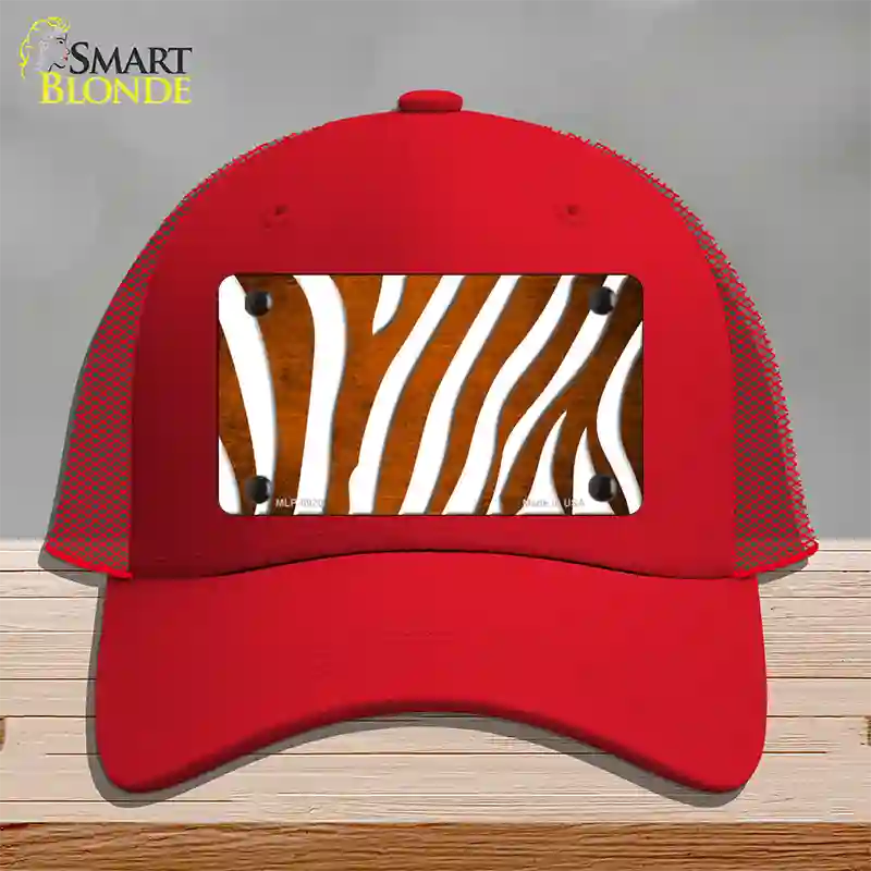 Orange White Zebra Oil Rubbed Novelty License Plate Hat Mesh / Red