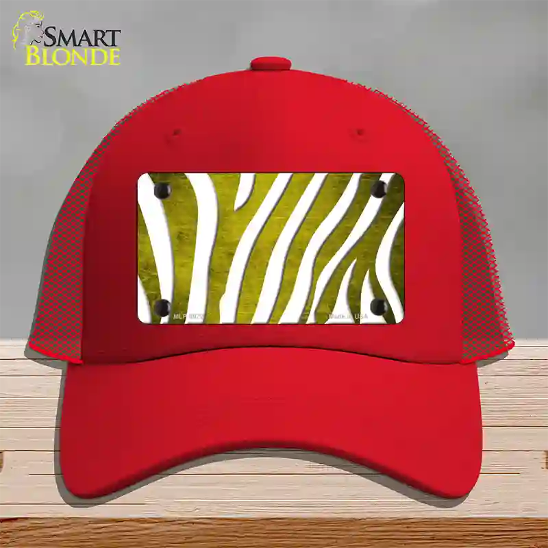 Yellow White Zebra Oil Rubbed Novelty License Plate Hat Mesh / Red