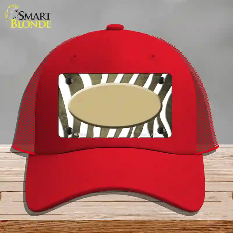 Gold White Zebra Oval Oil Rubbed Novelty License Plate Hat Mesh / Red