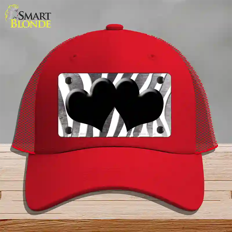 Black White Zebra Hearts Oil Rubbed Novelty License Plate Hat Mesh / Red