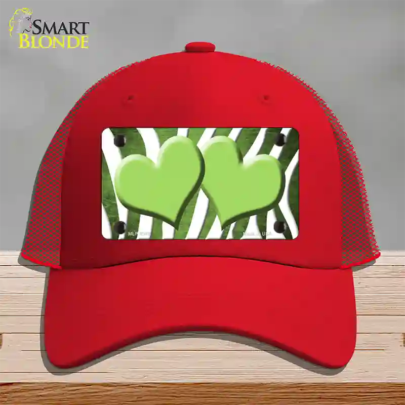 Lime Green White Zebra Hearts Oil Rubbed Novelty License Plate Hat Mesh / Red