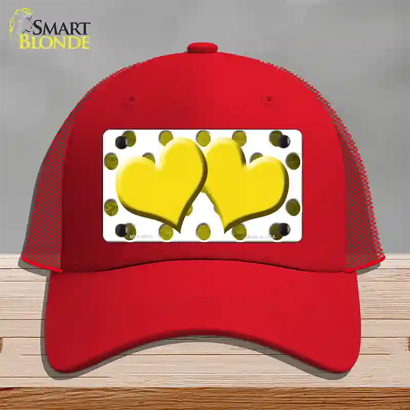 Yellow White Dots Hearts Oil Rubbed Novelty License Plate Hat Mesh / Red