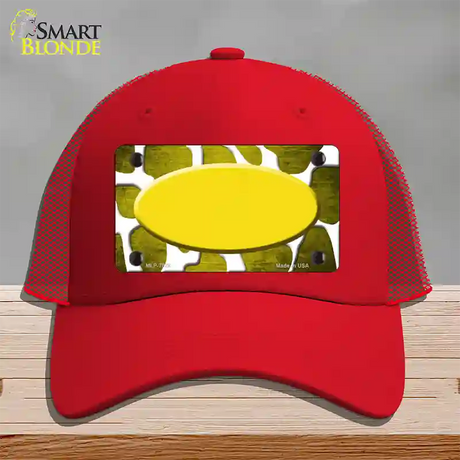 Yellow White Oval Giraffe Oil Rubbed Novelty License Plate Hat Mesh / Red