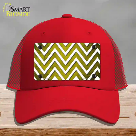 Yellow White Chevron Oil Rubbed Novelty License Plate Hat Mesh / Red